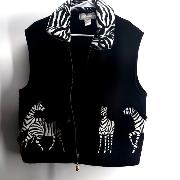 Lisa International Womens Size Large 100% Boiled Wool Full Zip Black Zebra Vest - Picture 1 of 12